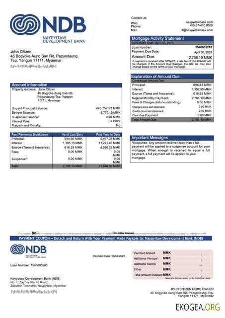 Modèle Word et PDF de relevé hypothécaire de la Banque de développement Naypyitaw du Myanmar (NDB)